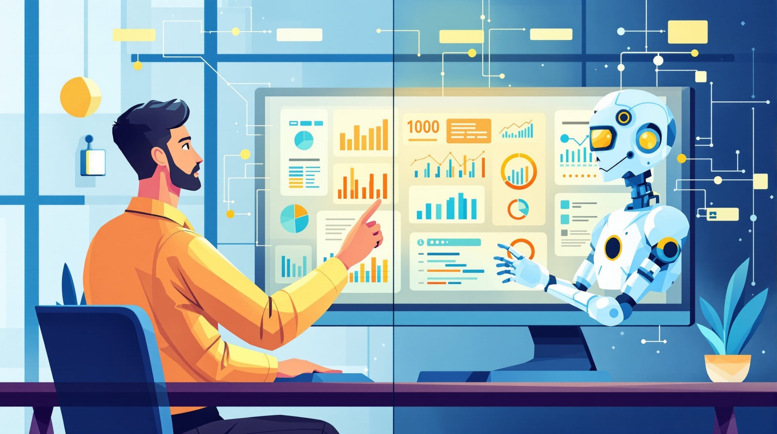 Human and AI agent collaborating at a digital workstation representing the future of work with autonomous AI in enterprise workflows