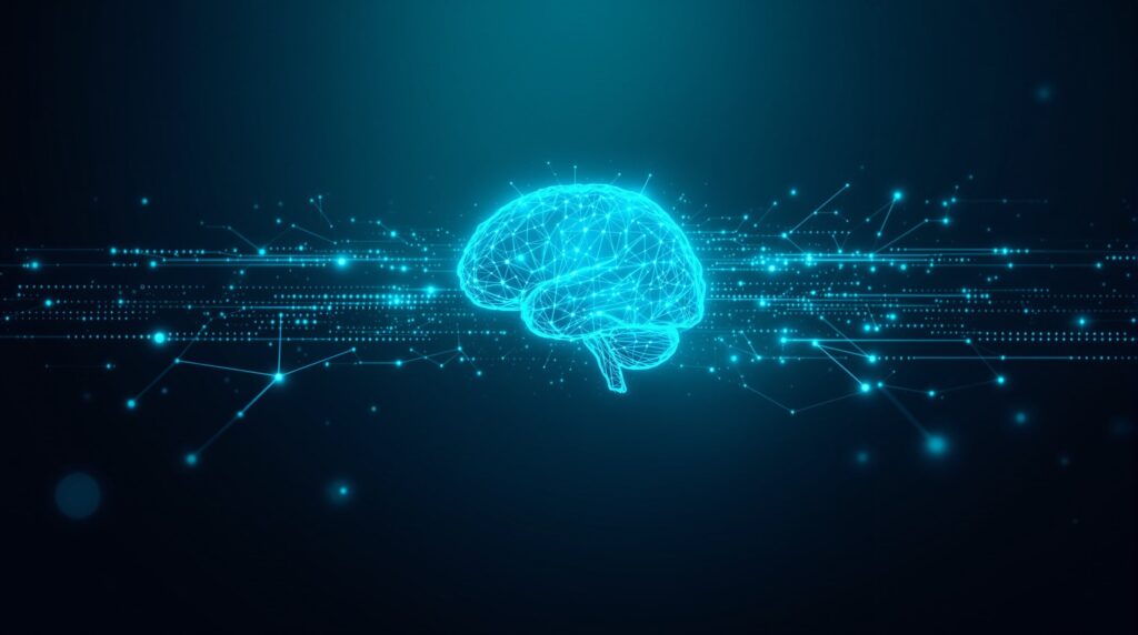 AI in mental health care — glowing neural network brain representing artificial intelligence in psychiatry and therapy