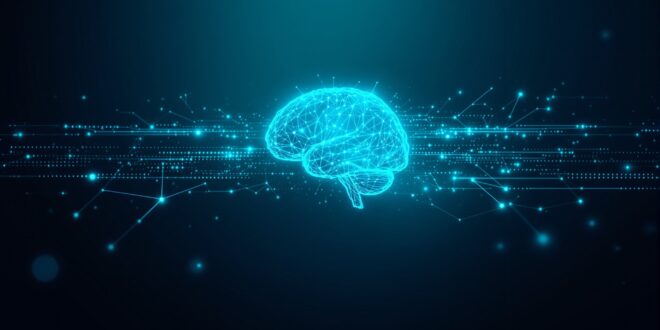 AI in mental health care — glowing neural network brain representing artificial intelligence in psychiatry and therapy
