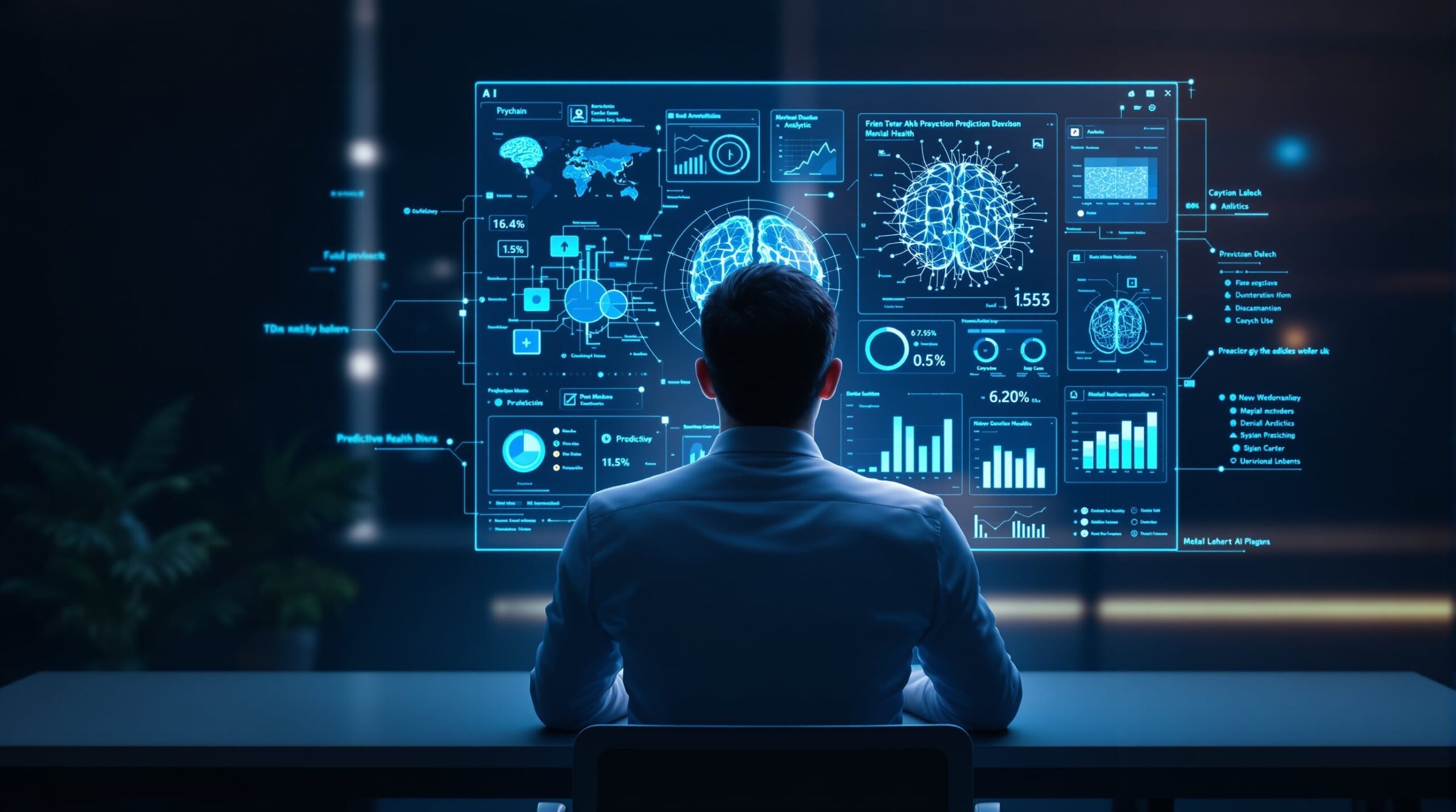 Clinician using AI clinical decision support dashboard for psychiatric analytics and mental health diagnosis