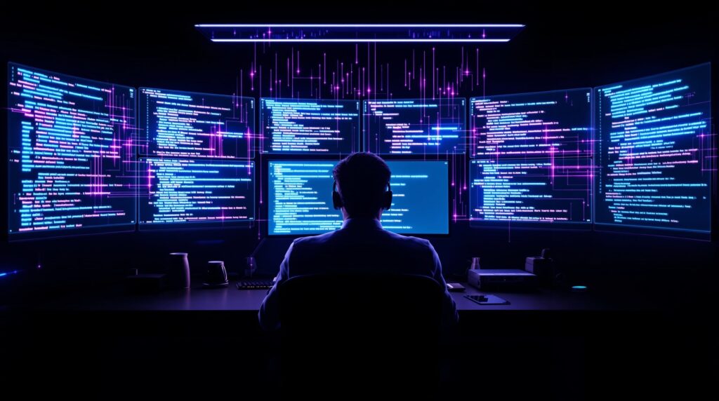 AI coding assistants and the future of software development — developer at futuristic workstation