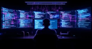 AI coding assistants and the future of software development — developer at futuristic workstation