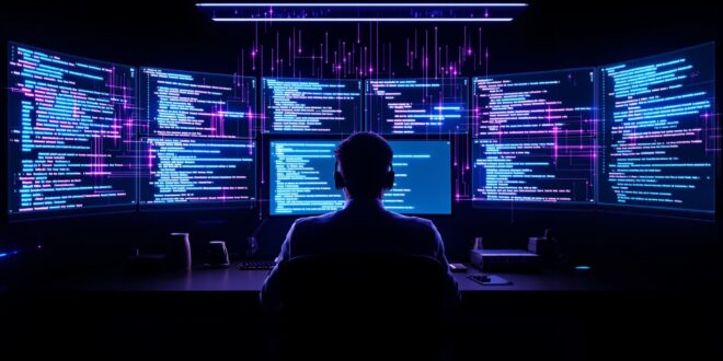 AI coding assistants and the future of software development — developer at futuristic workstation