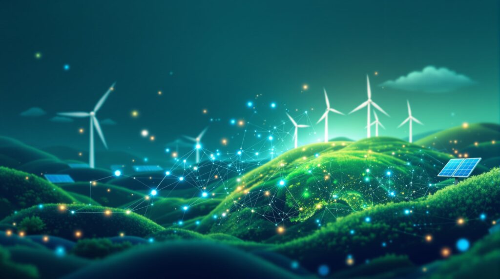 AI-powered climate solutions: neural network overlaid on green Earth with wind turbines and solar panels
