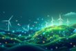 AI-powered climate solutions: neural network overlaid on green Earth with wind turbines and solar panels