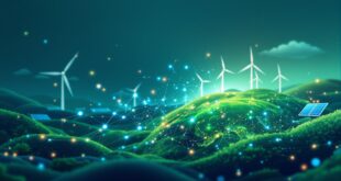 AI-powered climate solutions: neural network overlaid on green Earth with wind turbines and solar panels