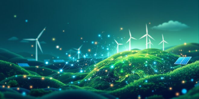 AI-powered climate solutions: neural network overlaid on green Earth with wind turbines and solar panels