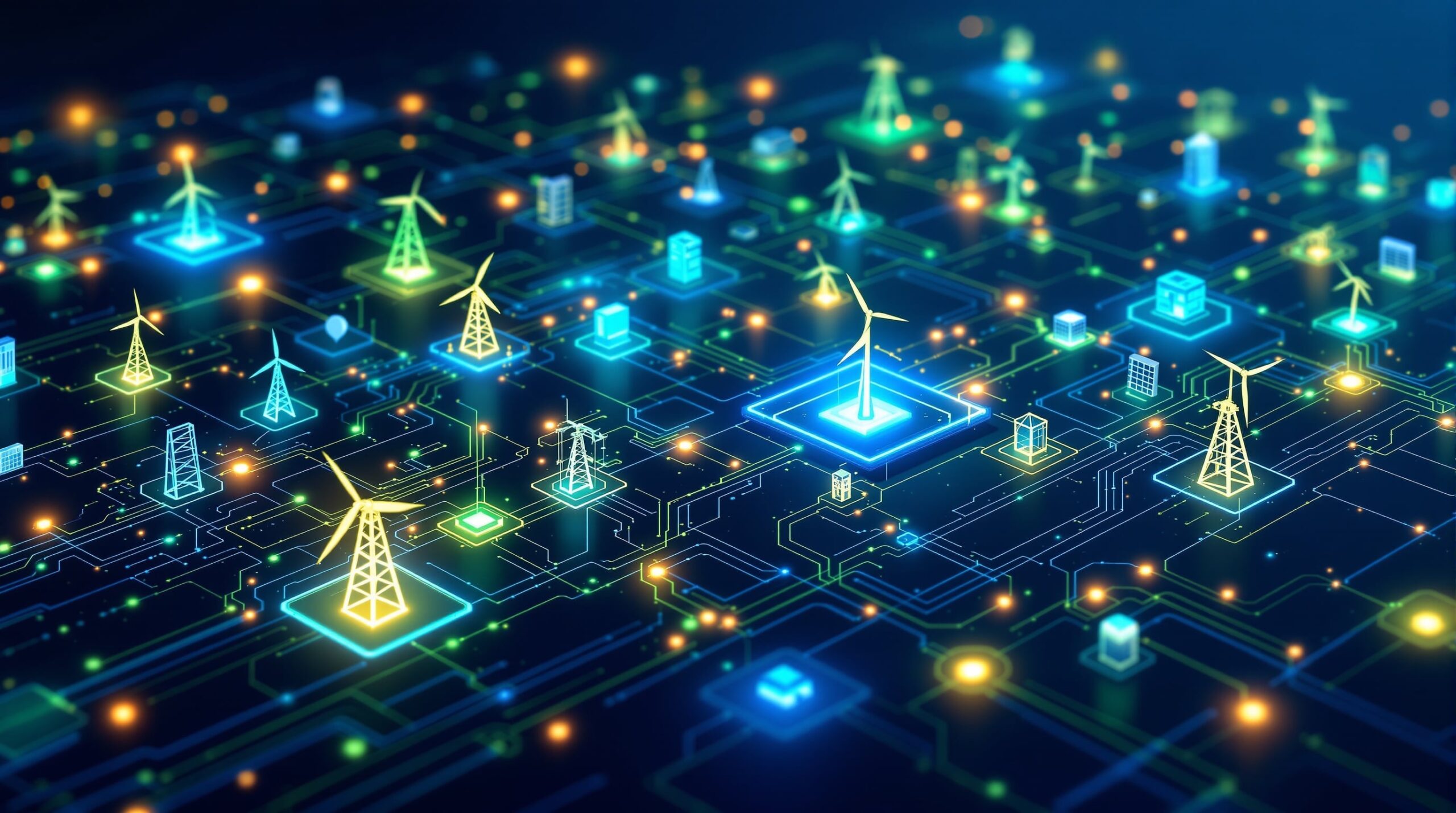 AI optimizing a smart renewable energy grid with interconnected nodes and data flow