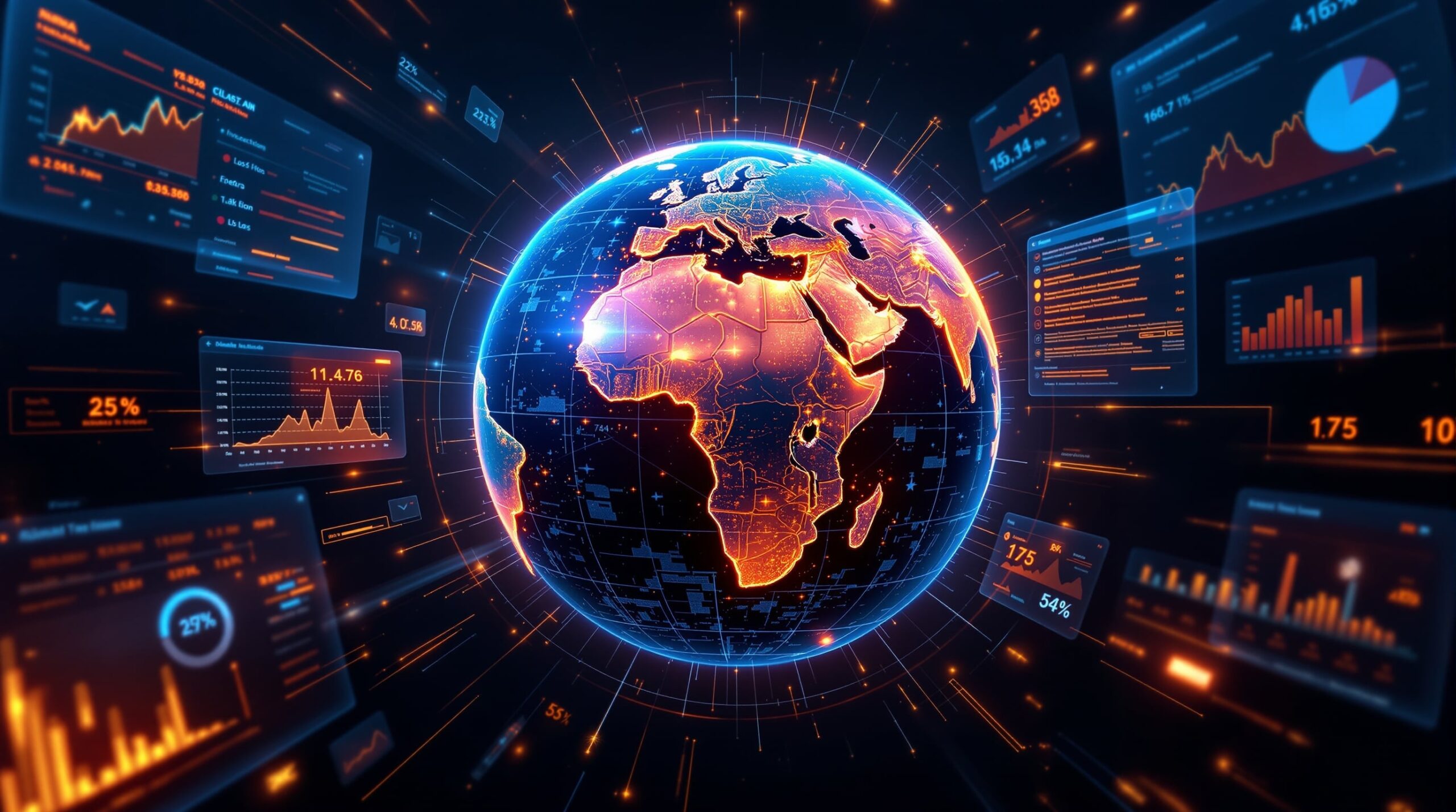 AI-powered climate risk assessment showing digital globe with heat maps and predictive analytics