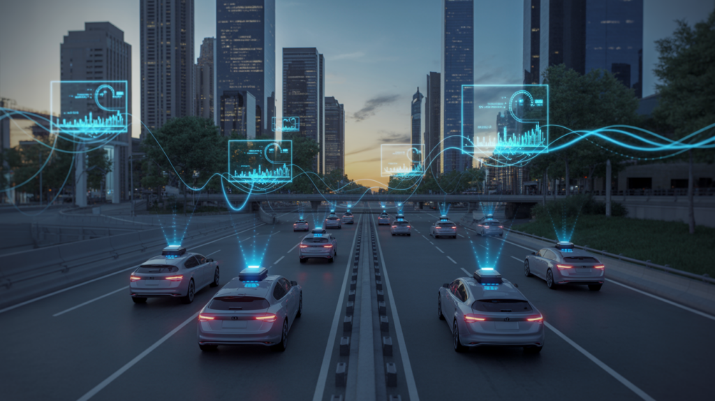 AI-driven urban mobility: futuristic smart city with autonomous vehicles and data streams at dusk