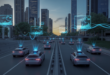 AI-driven urban mobility: futuristic smart city with autonomous vehicles and data streams at dusk