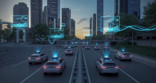 AI-driven urban mobility: futuristic smart city with autonomous vehicles and data streams at dusk