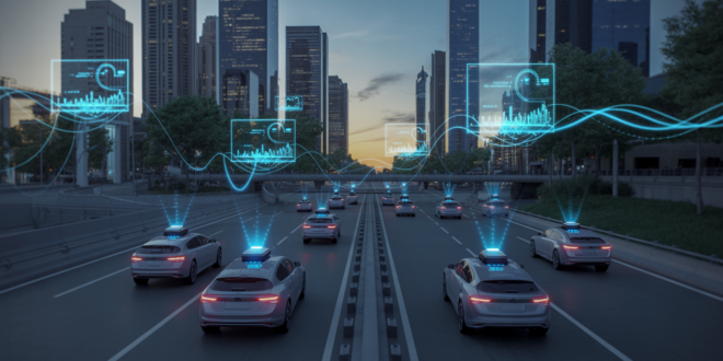 AI-driven urban mobility: futuristic smart city with autonomous vehicles and data streams at dusk