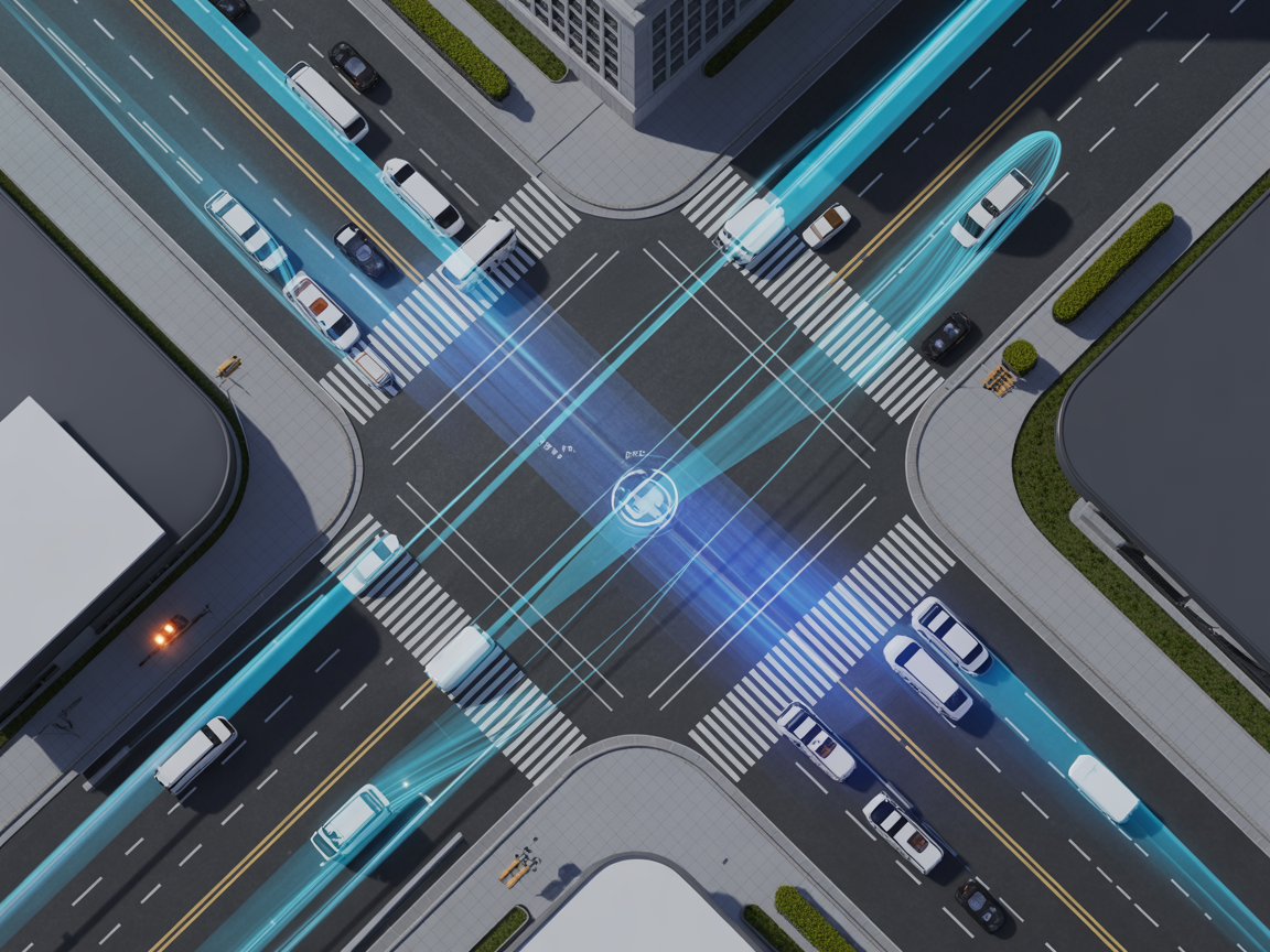 Aerial view of AI-controlled smart city intersection with autonomous vehicles and traffic flow optimization