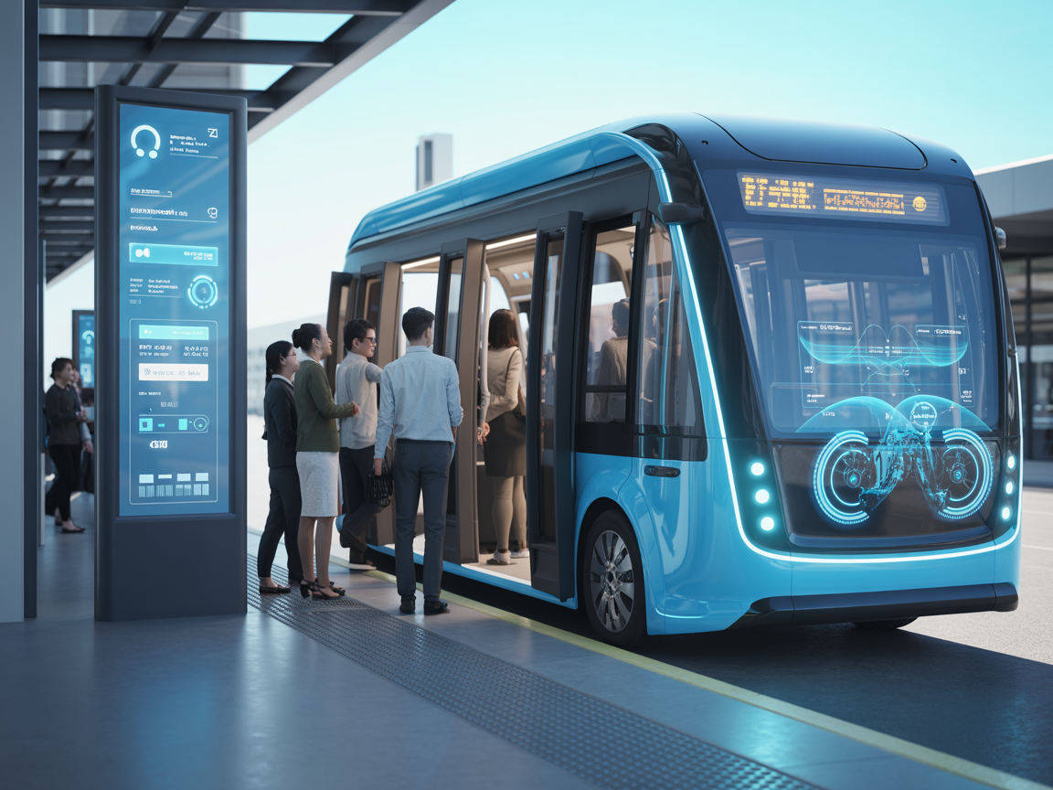Autonomous electric bus at a modern transit station with AI-optimized route displays and predictive maintenance