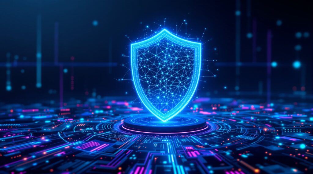 The landscape of AI-driven cybersecurity 2026 with neural networks protecting a global data grid.