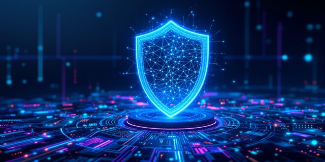 The landscape of AI-driven cybersecurity 2026 with neural networks protecting a global data grid.