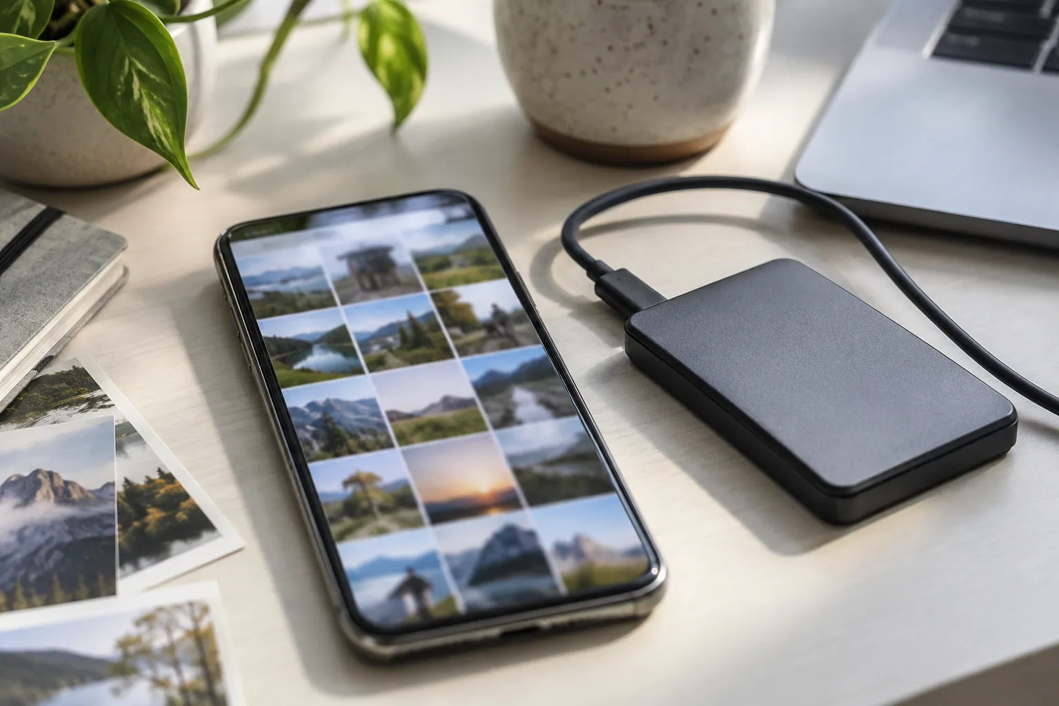 Phone showing a photo grid beside an external storage drive