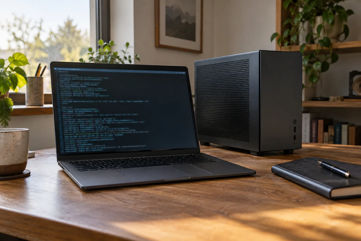 Laptop and compact desktop computer on a wooden desk