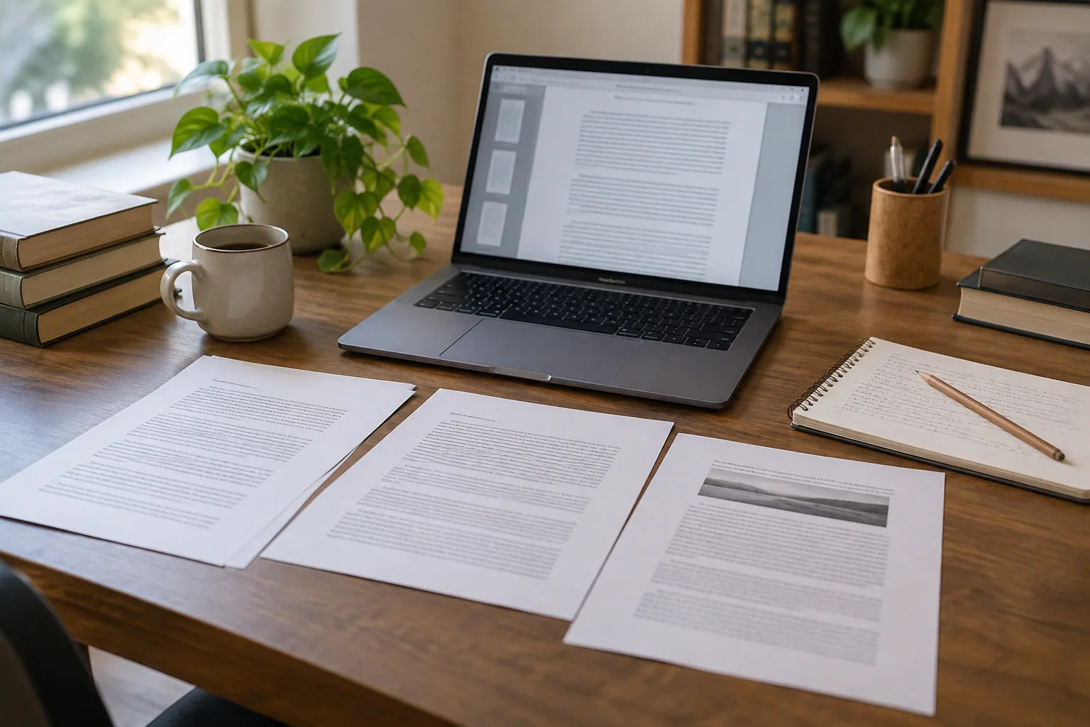 Laptop, printed research documents and a notebook on a desk