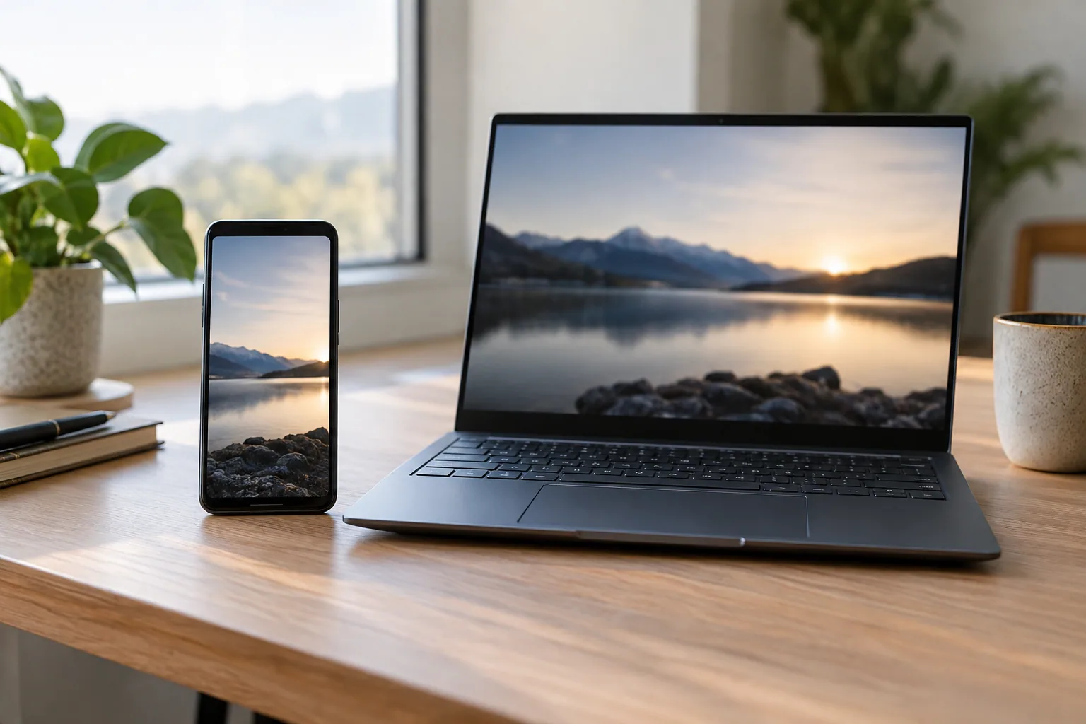 Phone and laptop displaying a matching landscape image