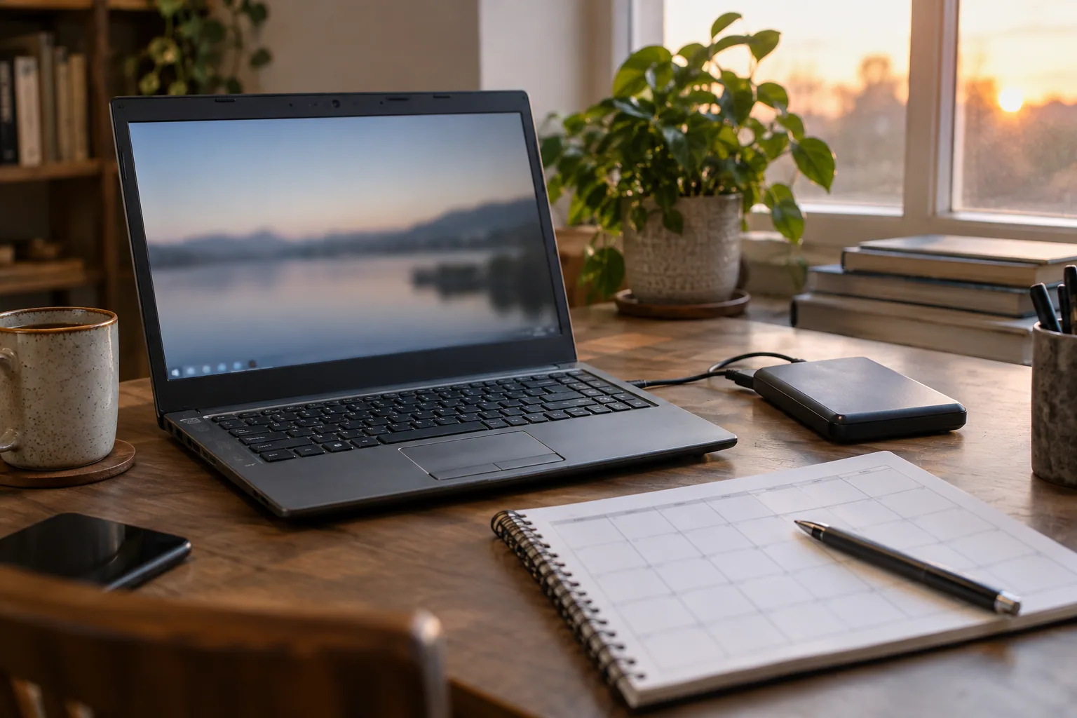 Older laptop beside a backup drive and an open planning calendar